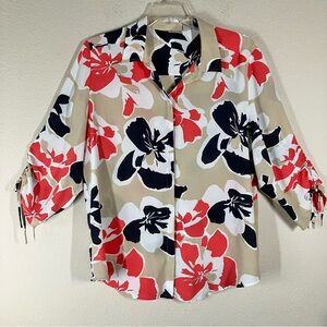 CHICO'S Floral Blouse Button Up Shirt XL Spring Career Wear Travel Vacation Tan
